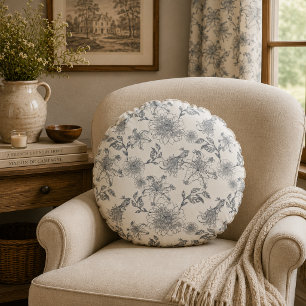 Vintage French Toile Botanical Bird Rustic Country Round Cushion