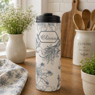 Vintage French Toile Botanical Bird Rustic Country Thermal Tumbler