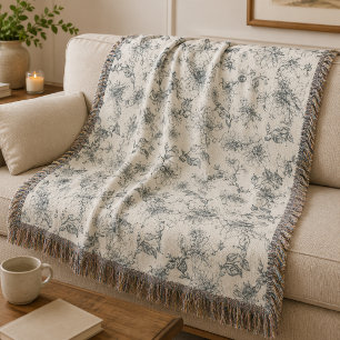 Vintage French Toile Botanical Bird Rustic Country Throw Blanket