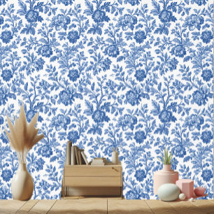 Vintage French Toile Botanical Blue Floral Motifs  Wallpaper