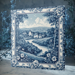 Vintage French Toile Countryside Blue Rustic Farm Tile
