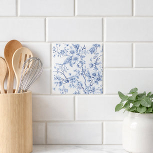 Vintage French Toile Floral Blue Tile