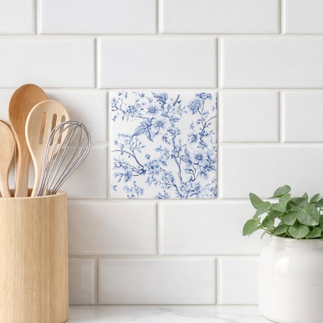 Vintage French Toile Floral Blue Tile (Creator Uploaded)