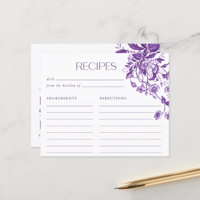 Vintage French Toile Floral Bridal Shower Recipes (Front/Back In Situ)