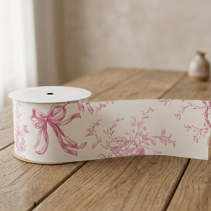 Vintage French Toile Pink Coquette Bow Pattern Satin Ribbon