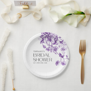 Vintage French Toile Purple Floral Bridal Shower Paper Plate