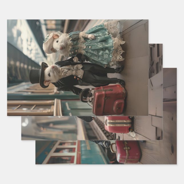 Vintage French Travelling Mice Decoupage Wrapping Paper Sheet (Set)