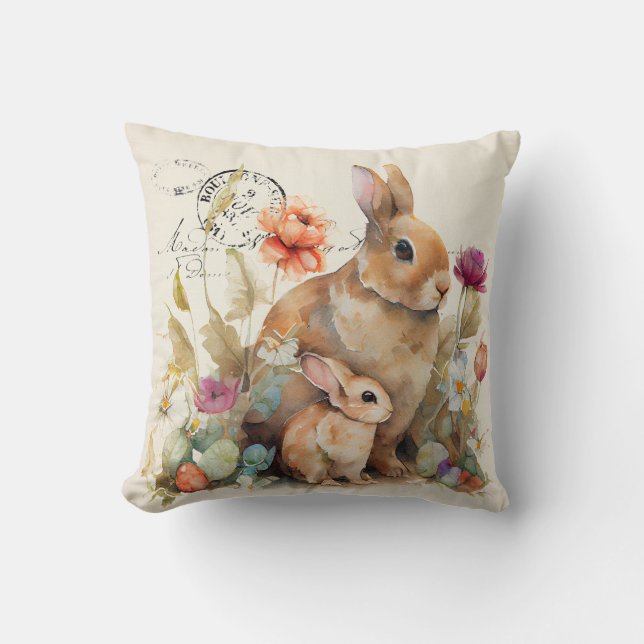 Vintage French watercolour rabbit and flowers Thro Cushion (Front)