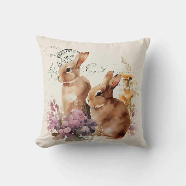 Vintage French watercolour rabbits with roses Thro Cushion (Front)
