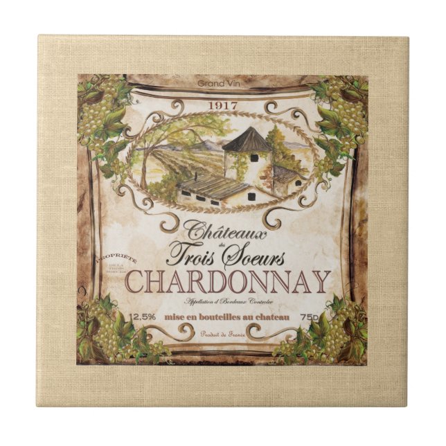 Vintage French Wine Label Burlap Tile (Front)