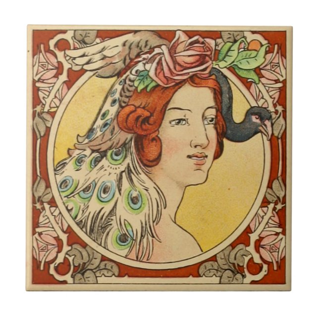 Vintage French Woman Art Nouveau Ceramic Tile (Front)