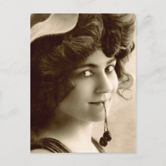Vintage French Woman with sweet cherries Postcard (Front)