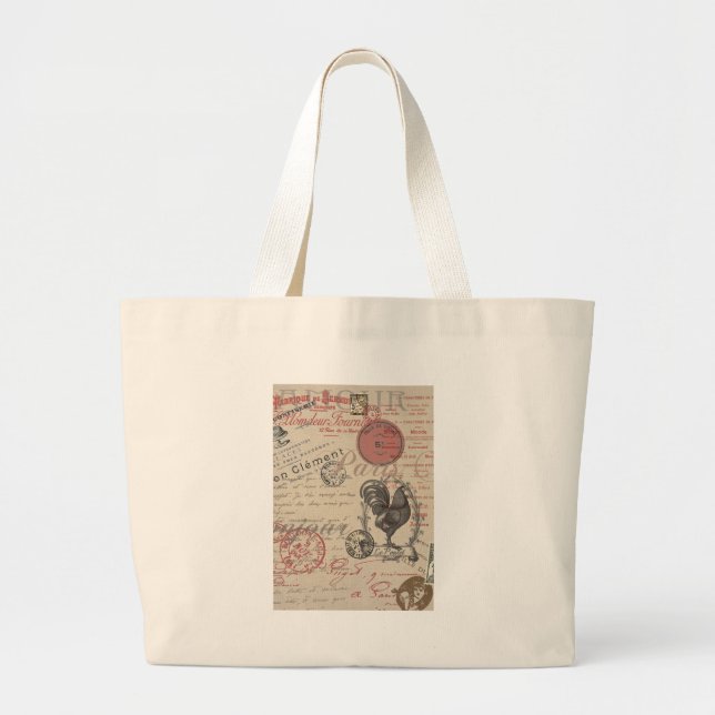 Vintage French Writing Paris Rooster typography Large Tote Bag (Front)