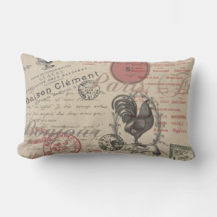 Vintage French Writing Paris Rooster typography Lumbar Cushion