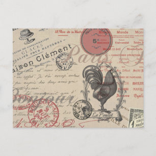 Vintage French Writing Paris Rooster typography Postcard
