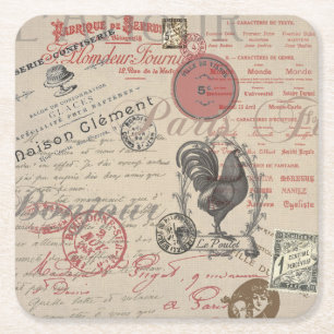 Vintage French Writing Paris Rooster typography Square Paper Coaster