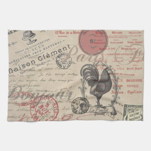 Vintage French Writing Paris Rooster typography Tea Towel