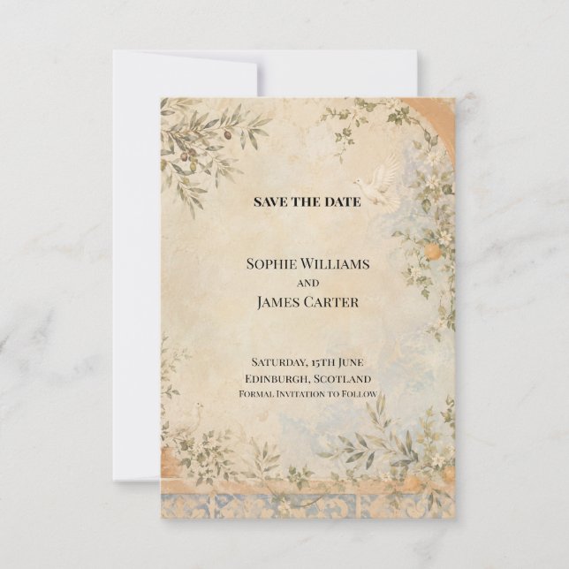 Vintage Fresco Dove Olive Garden Save The Date (Front)