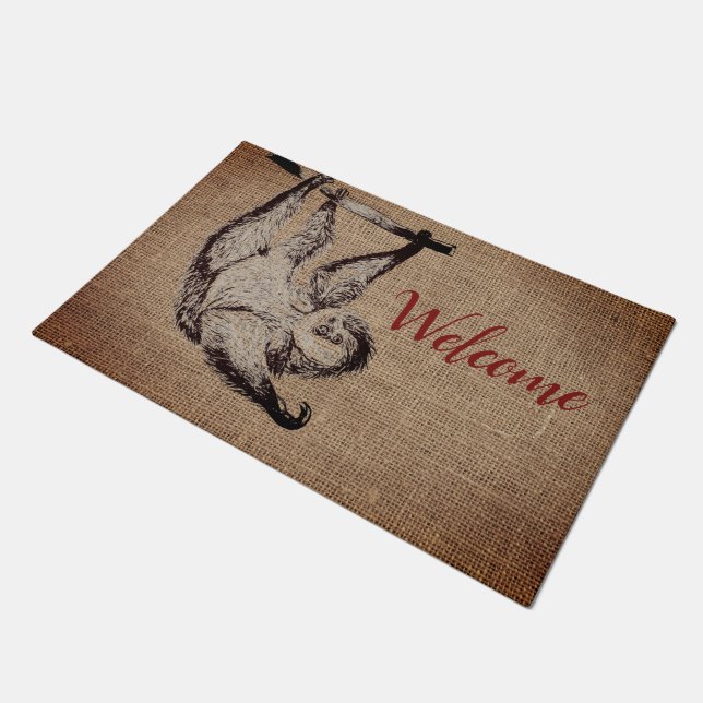 Vintage friendly sloth in burlap  - welcome doormat (Angled)