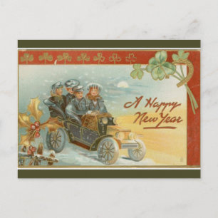 Vintage Friends in an Old Fashioned Car New Year Postcard
