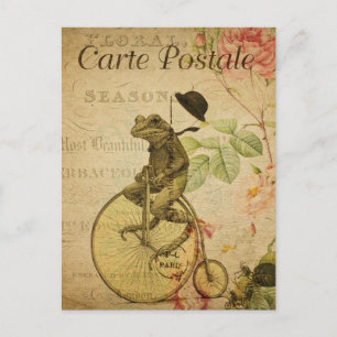 Vintage Frog Riding Bicycle Pink Roses French Postcard