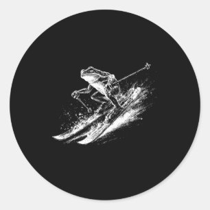 Vintage frog snow skiing downhill ski squad winter classic round sticker