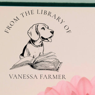  Vintage From the Library Of   Dog with Book Rubber Stamp