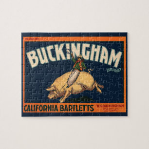 Vintage Fruit Crate Label Art Cowboy on Pig Rodeo Jigsaw Puzzle
