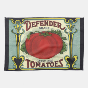 Vintage Fruit Crate Label Art, Defender Tomatoes Tea Towel