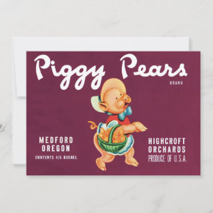 Vintage Fruit Crate Label Art with Piggy Pears Invitation