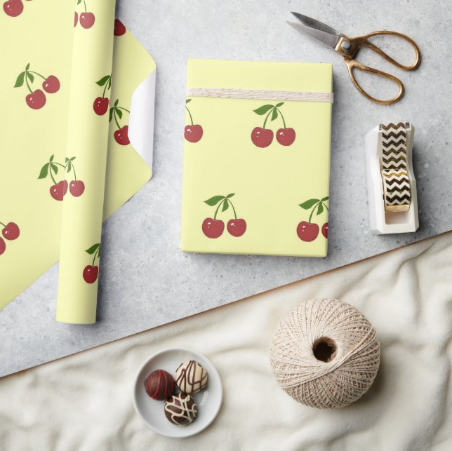 Vintage Fruit Pattern Yellow & Red Cherry Wrapping Paper (Crafts)