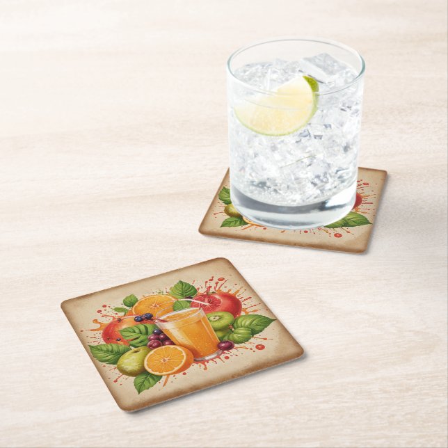 Vintage fruit square paper coaster (Insitu)