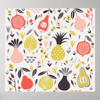 Vintage fruits, flowers: seamless pattern. poster