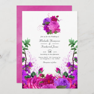 Vintage Fuchsia and Purple Floral QR Code Wedding Invitation