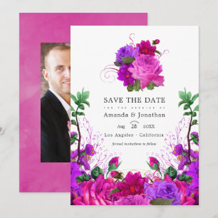 Vintage Fuchsia and Purple Floral Wedding Photo Save The Date