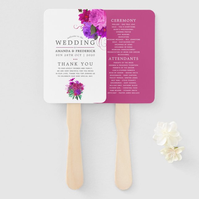 Vintage Fuchsia and Purple Shabby Wedding Program Hand Fan (Front and Back)