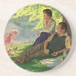 Vintage Fun Family Picnic Under a Shade Tree Coaster