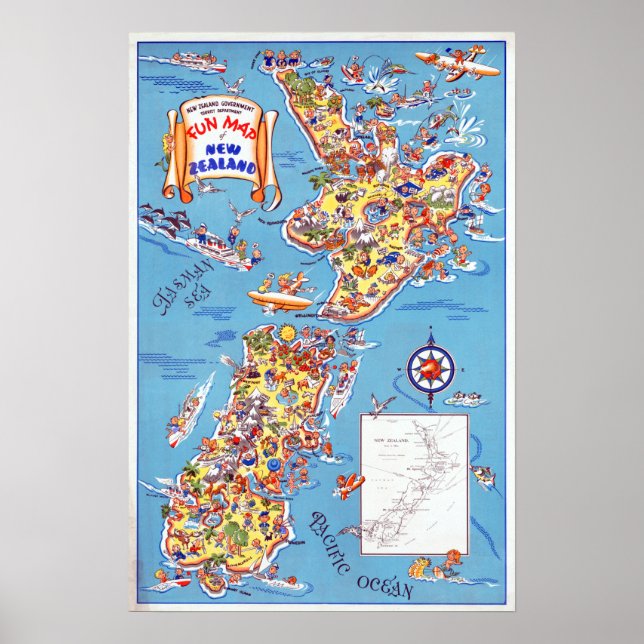 Vintage Fun Map of New Zealand Poster (Front)