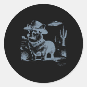 Vintage Funny 90s Western Cowboy Corgi Ufo Classic Round Sticker