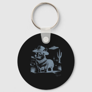 Vintage Funny 90s Western Cowboy Corgi Ufo Key Ring