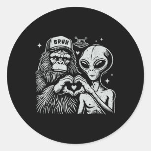 Vintage Funny Bigfoot And Alien Heart Hand Sign  Classic Round Sticker