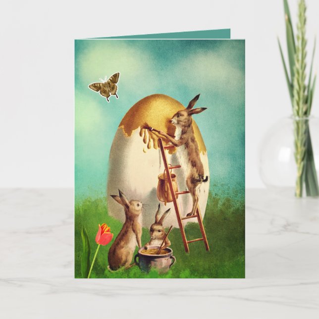 Vintage Funny Bunny And Easter Egg  Holiday Card (Front)