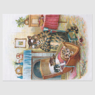 Vintage Funny Cat & Kittens In Cradle Decoupage Tissue Paper