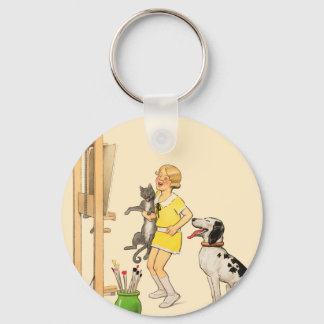 Vintage Funny Girl, Dog Cat Print Georges Redon Key Ring