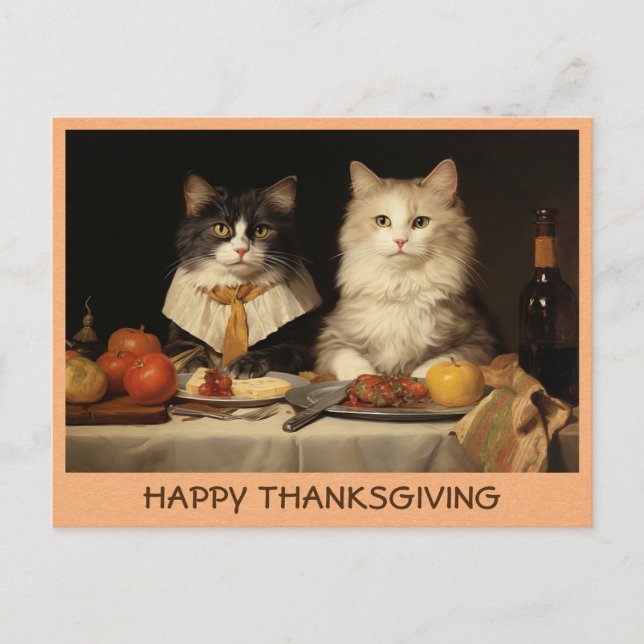 Vintage Funny Happy Thanksgiving Cats Postcard (Front)
