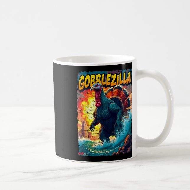 Vintage Funny Thanksgiving Day Gobblezilla Turkey  Coffee Mug (Right)
