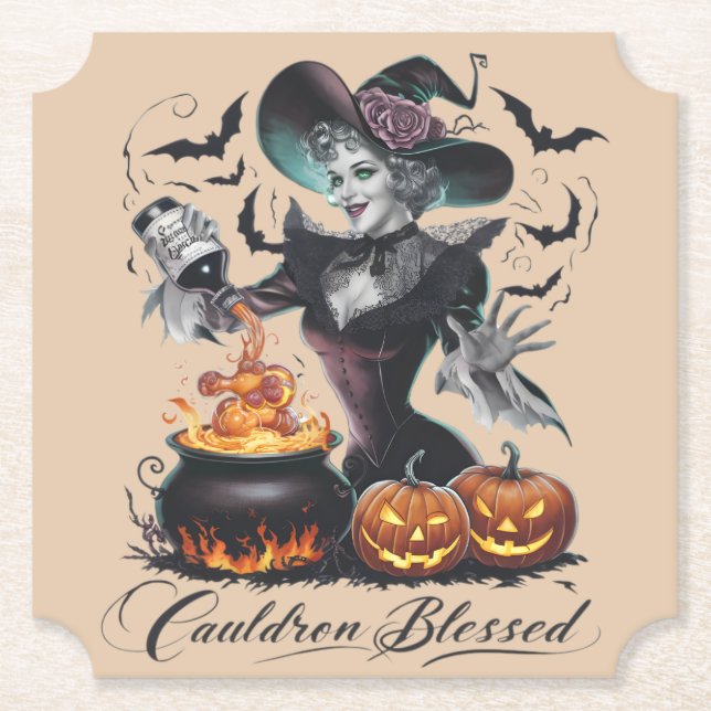 Vintage Funny Witch Cauldron Blessed Halloween Paper Coaster (Front)