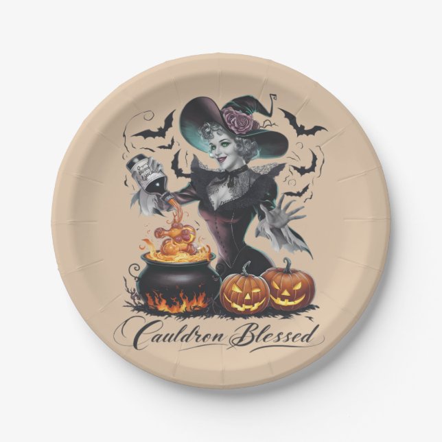 Vintage Funny Witch Cauldron Blessed Halloween Paper Plate (Front)