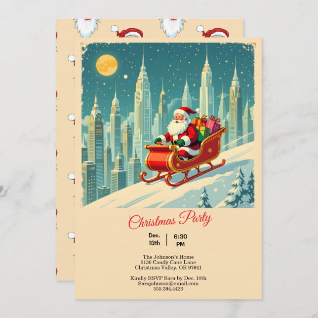 Vintage & Futuristic City Santa Sleigh Christmas Invitation (Front/Back)