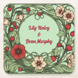 Vintage Garden Art Nouveau Wedding Square Paper Coaster